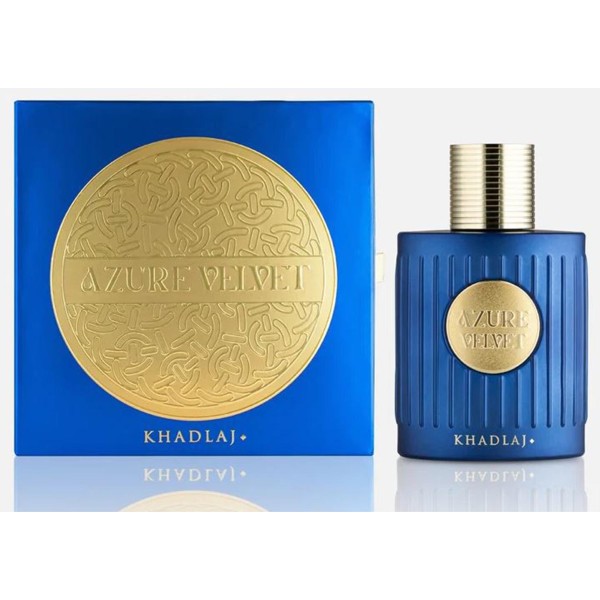 Frasco y caja de Khadlaj Azure Velvet, en blanco y negro